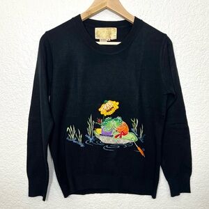 Vintage Black Knit Top Embroidered Frogs Size M